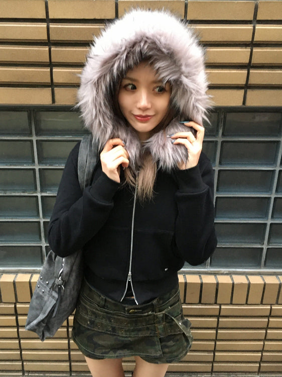 Fur hood knit zip up | Judin