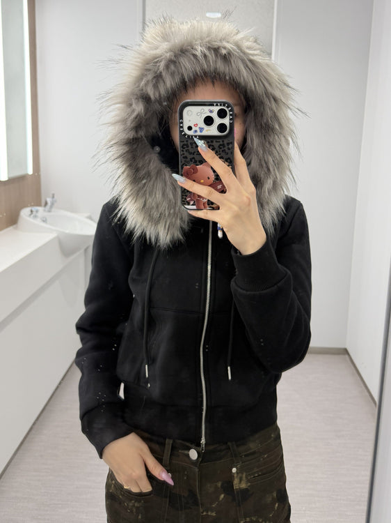 Fur hood knit zip up | Judin