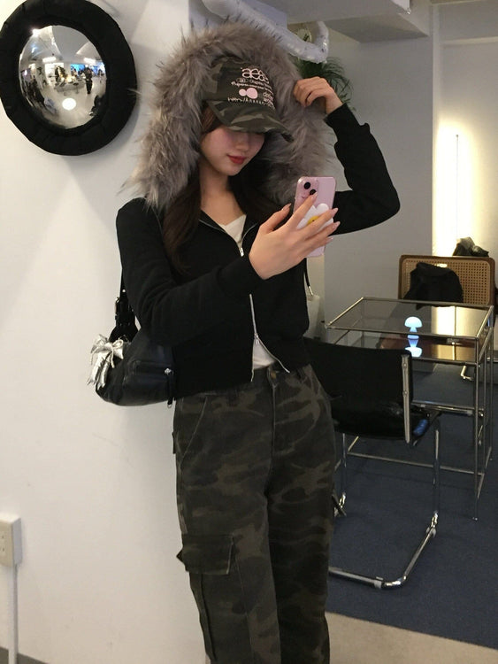 Fur hood knit zip up | Judin