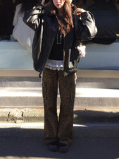 Leopard design straight wide denim pants 161cm/Ssize