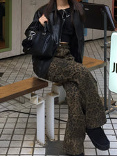 Leopard design straight wide denim pants 165cm /Msize
