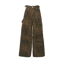 Leopard design straight wide denim pants ポケット付きレオパード柄デニム パンツ 