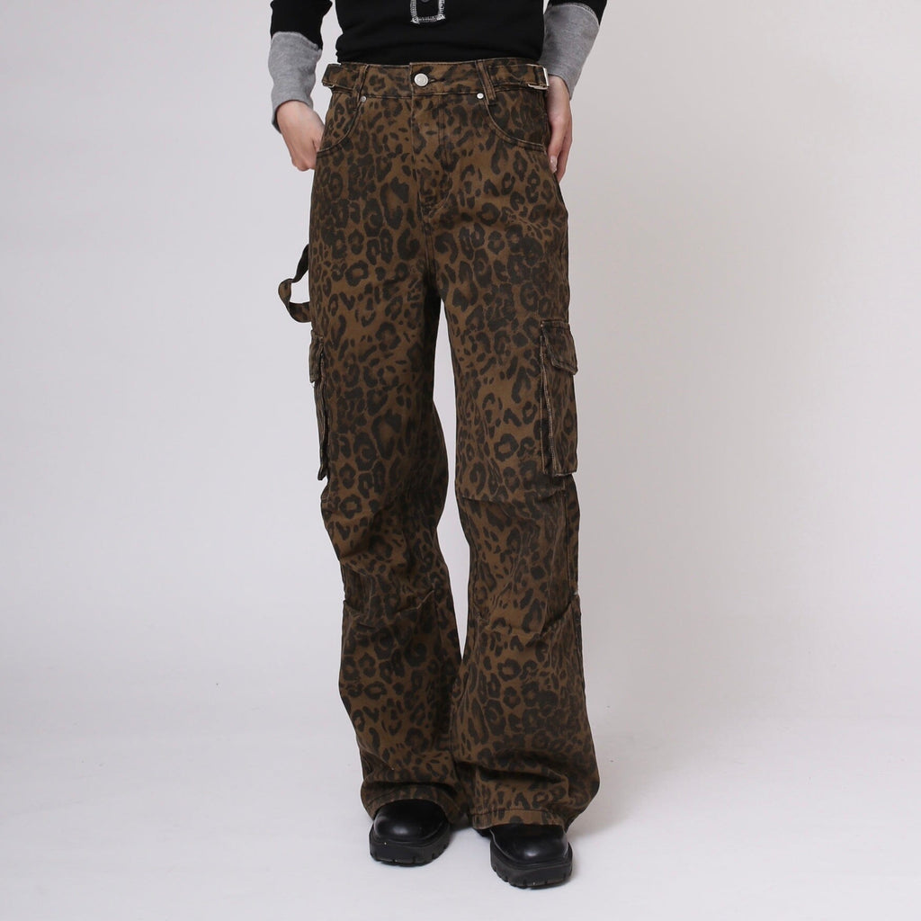 Leopard design straight wide denim pants | Judin